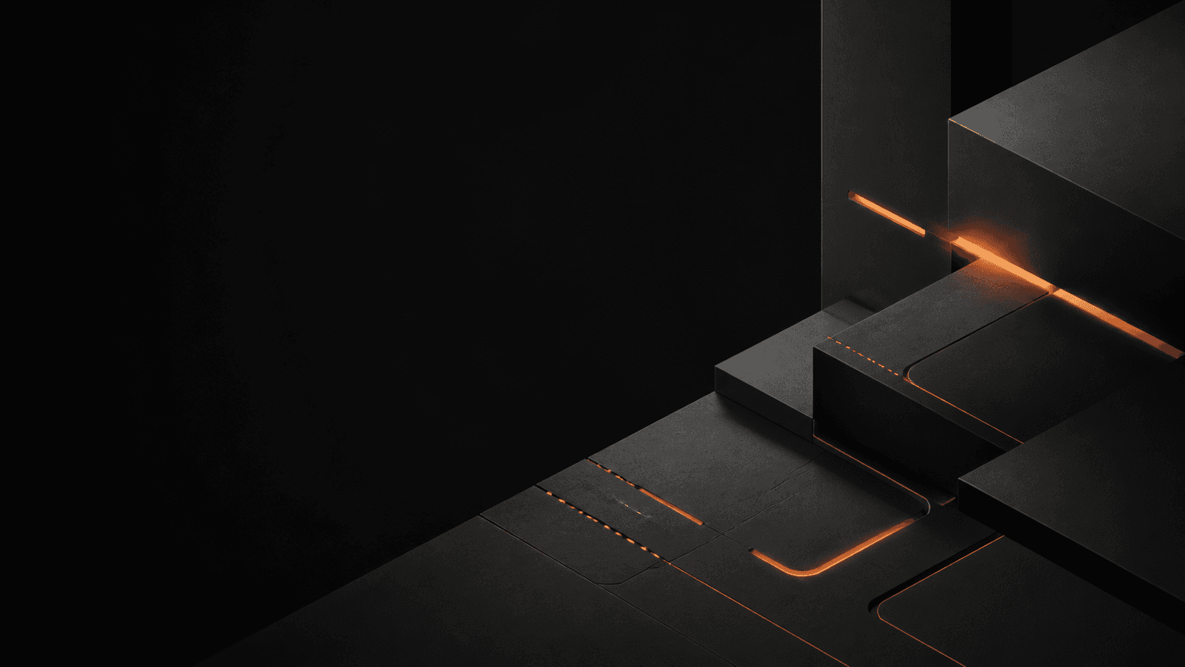 Black geometric structures joined by precise orange lines